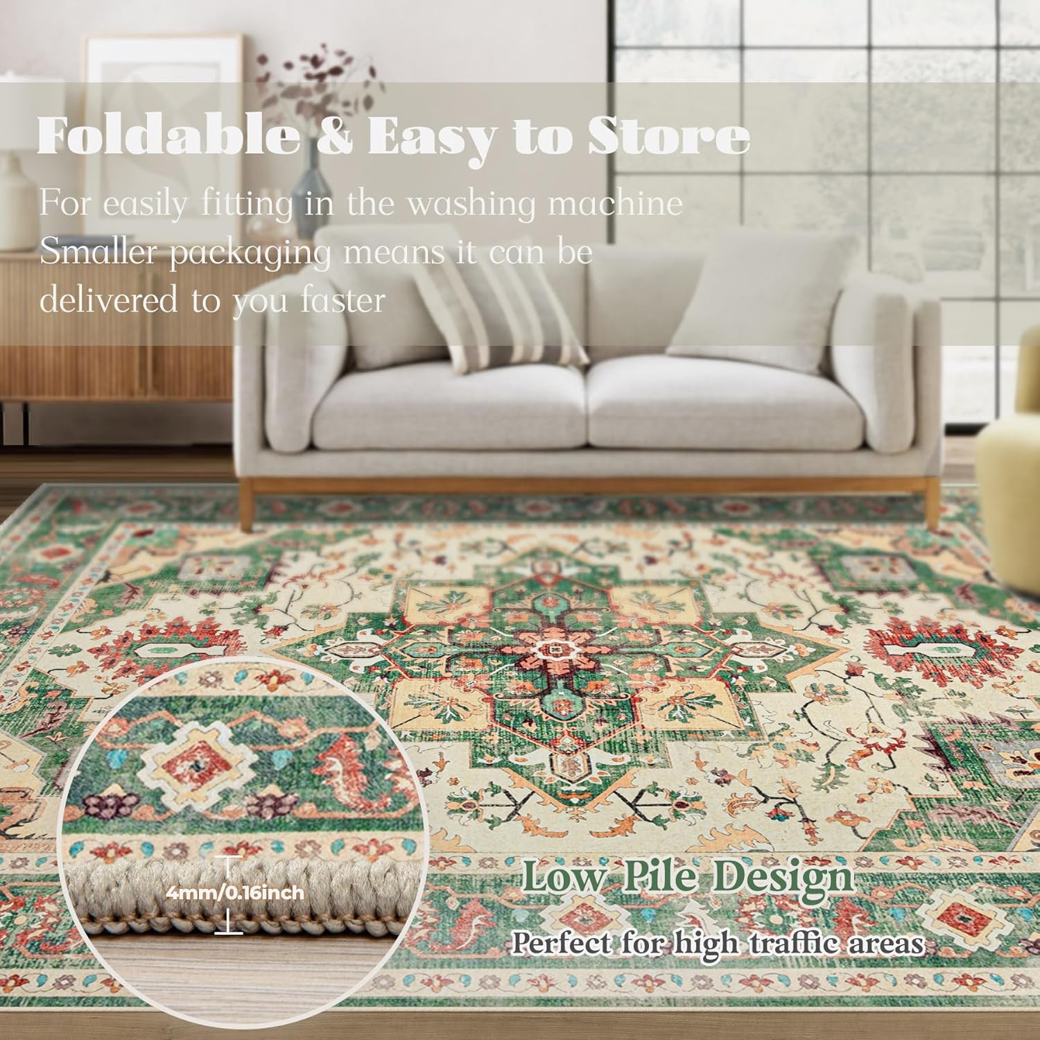 Area Rug 8x10 Washable Rug, Vintage Boho Medallion Rugs Non-Slip Soft Low Pile Large Distressed Rug Indoor Retro Carpet for Living Room Bedroom Dining Room Home Office (Green Beige, 8'x10')